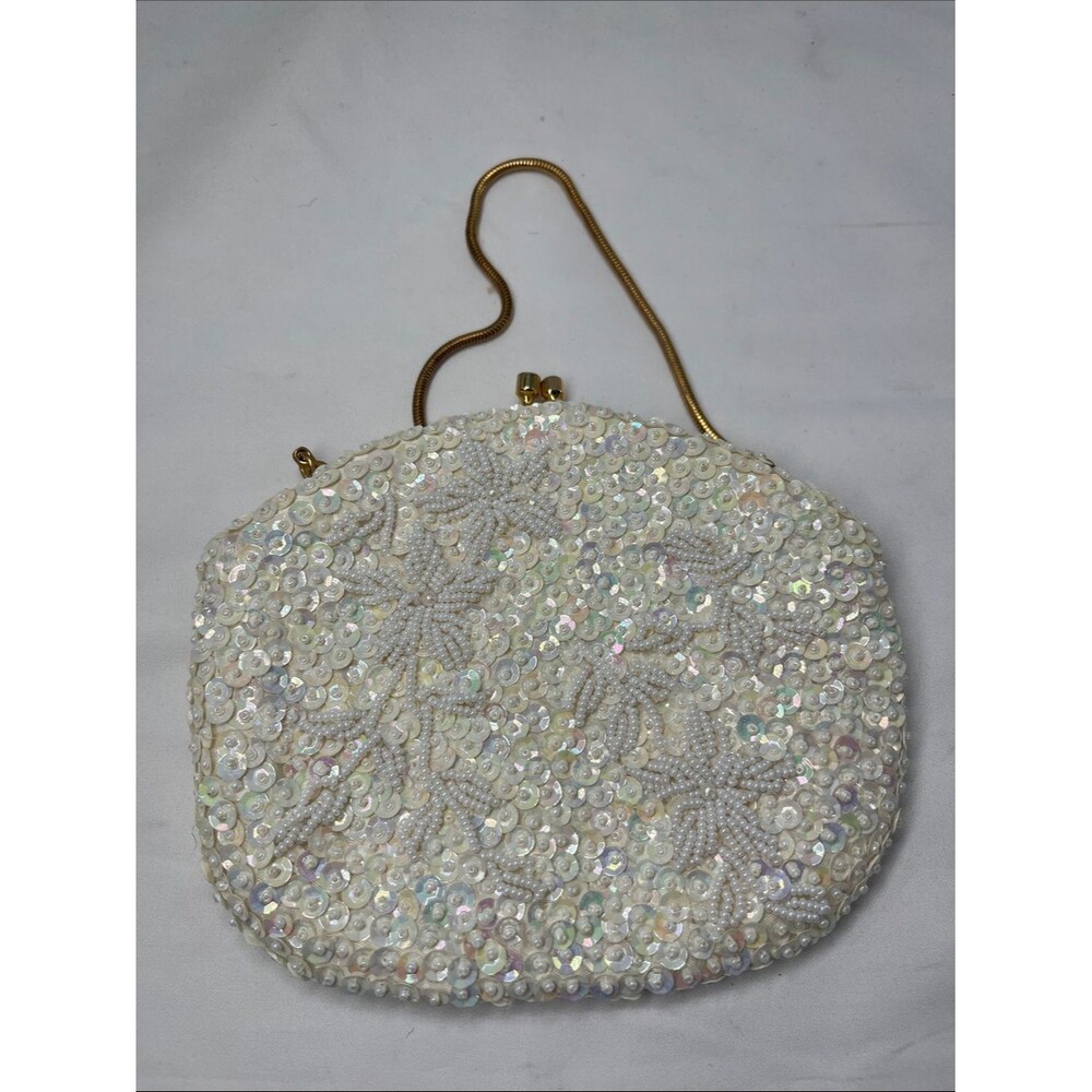 Vintage 1960s Beaded Sequin White Iridescent Clutch